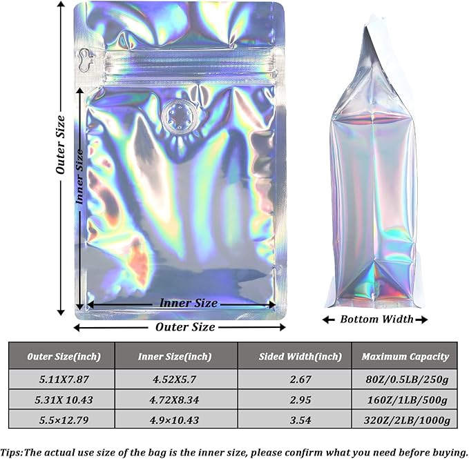 Coffee Bags with Valve (50 PCS,8oz/0.5lb) Holographic High Barrier Aluminum Foil Flat Bottom Standing Coffee Beans Storage Packaging Bags, Reusable Heat Seal Side Zipper Pouches for Small Business