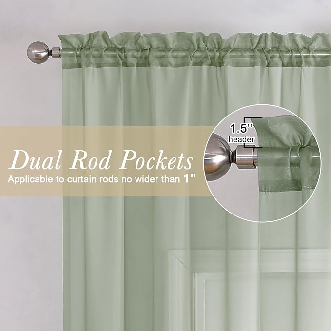 Sage Green Sheer Curtains 63 Inch Length 2 Pcs, Dual Rod Pockets Light - Image 3