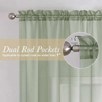 Sage Green Sheer Curtains 63 Inch Length 2 Pcs, Dual Rod Pockets Light - Image 3