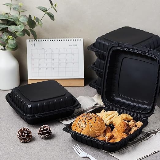 FULING 9X9 3-Compartment 50-Pack Plastic Clamshell Takeout Food Trays Heavy Duty Togo Disposable Box For Pasta Salad Sandwich Carryout Hinged Containers With Secure Snap Lid