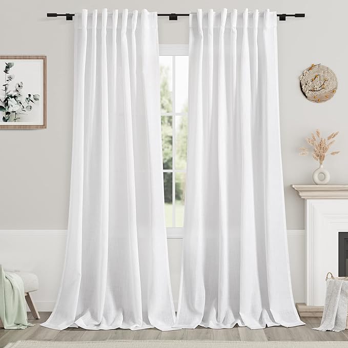 White Linen Curtains for Living Room 101 Inches Long Extra Long Back Tab by Nanspring