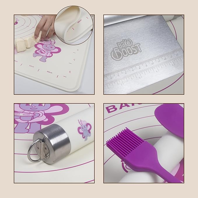 Silicone Baking Mat Set | Non-Stick Dough Rolling Pastry with Rolling Pin for Cookie Pie Crust Pizza Bread | Extra Large Dough Mat | Silicone Pastry Mat Kit Extra Thick with accessories