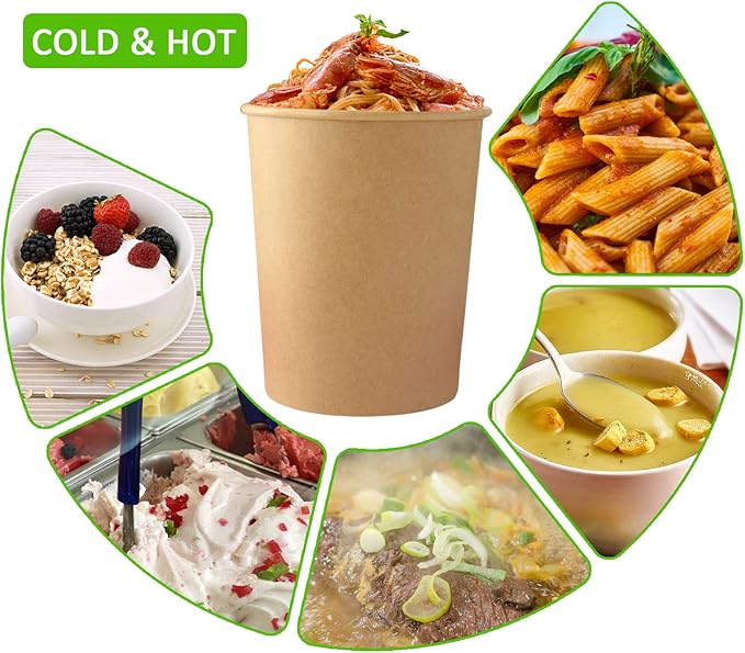 30 Sets 32 oz Paper Ice Cream Cups with Lids, Paper Food Containers With Vented Lids, To Go Hot Soup Bowls For Restaurants, Take Outs, or To-Go Lunch, Kraft