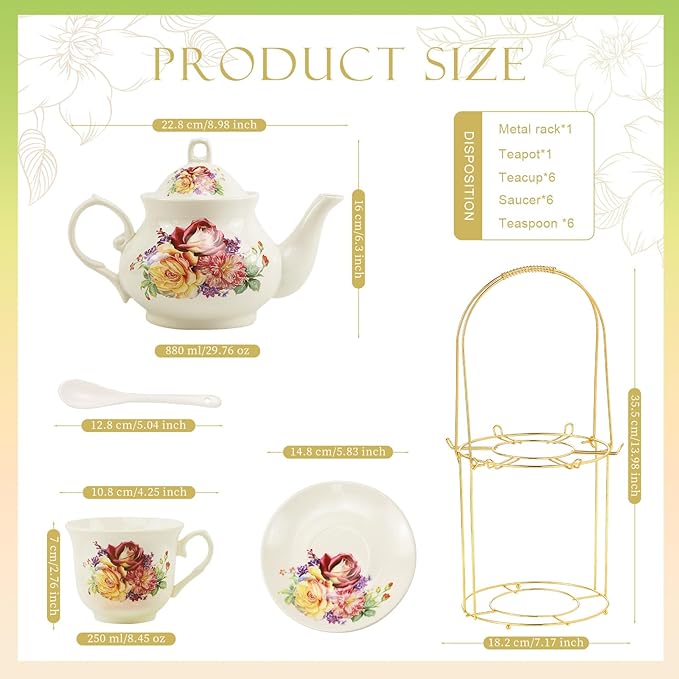 20-Pieces Porcelain Tea Sets For Women, Tea Set For Adult with Golden Metal Rack,Tea Gift Sets for Home&Party(013)
