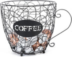 Coffee Pod Holder, Super Large Capacity K-Cup & Nespresso Capsule Basket, XL Metal Kcup Storage, Bar Organizer for Kitchen Dinning Room Office Home Cafe Hotel (Black-Round-Cup)