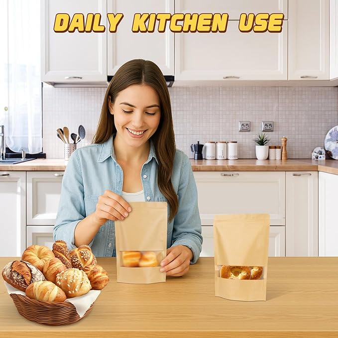 Jetmore-50pcs-Smell-Proof-Bag, Resealable Zip Lock Bags Various Sizes, Reusable Snack Bags, Stand Up Packing Bags with Window, Small Brown Paper Pouches for Candy, Nuts, Spice, Sample, Product