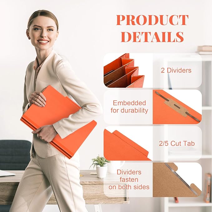 12 Pcs Classification Folders Letter Size Bulk - 2 Dividers Pressboard File Folder with 3. 5 Inch Expansion, 2 Prongs Fastener, Heavy Duty Office File Organizer for Teacher Medical (Orange)