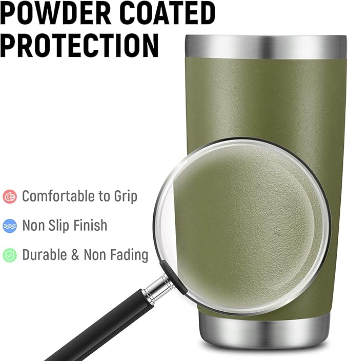 COMOOO 20oz Double Wall Vacuum Insulated Travel Mug, Stainless Steel Tumbler with Lid and Straw Durable Powder Coated Insulated Coffee Cup for Cold & Hot Drinks (Army Green, 2 Pack