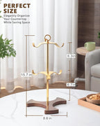 Gold Mug Holder Tree for Countertop | 2-Tier Coffee Mug Rack Holds 6 Large Mugs, 5oz to 20oz | Elegant Golden Cup Stand with Solid Wood Base | Kitchen Counter Organizer & Coffee Bar Accessories