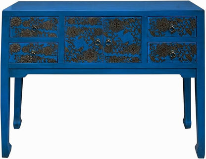 Blue Lacquer Golden Flower Graphic Drawers Slim Foyer Side Table Acs7732 - Image 2
