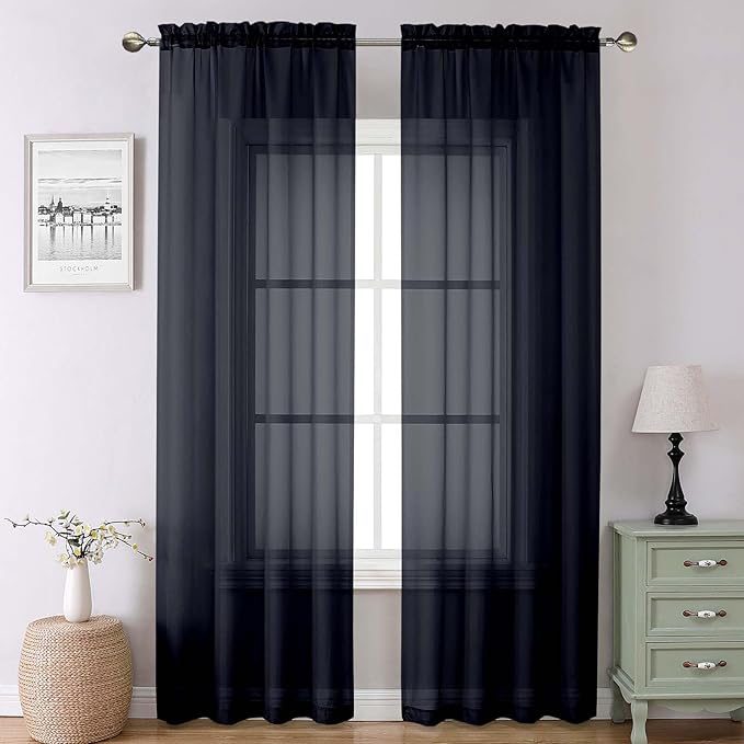 Black Sheer Curtains 90 Inches Long 2 Panels Set, Privacy Voile Light Filtering by Lecloud