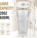 20oz Ribbed Glass Cups with Lids and Straws, Vintage Glass Tumbler with Straw, 2 Piece Iced Coffee Cups Set, Thicked Wall Drinking Glasses Ideal for Coffee, Smoothies, Juices Matchas