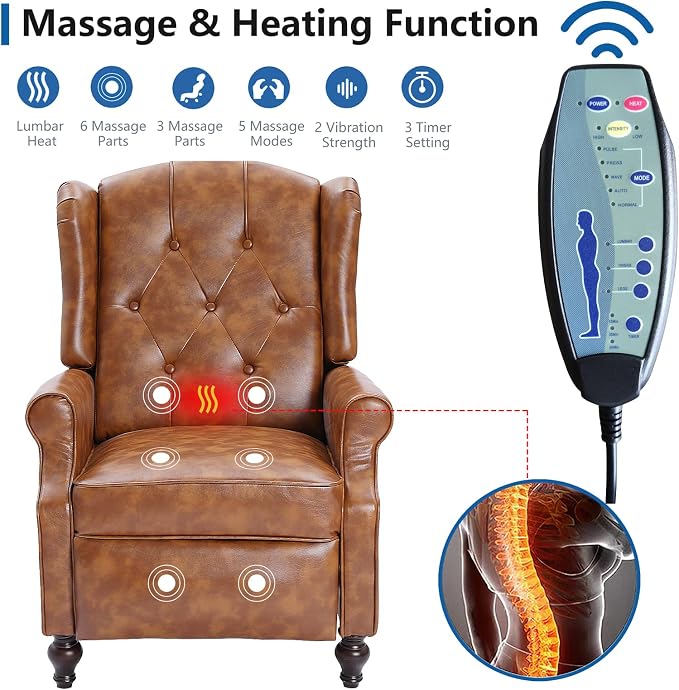 Wingback Recliner Chair with Massage and Heat Tufted PU Leather Push Back - Image 3
