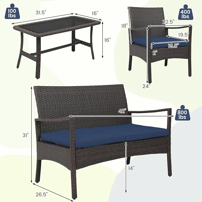 Tangkula 4 Pieces Outdoor Conversation Set, Patio PE Wicker Sofa - Image 4