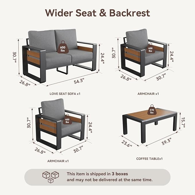 Aoxun Aluminum Outdoor Patio Furniture Set, Coffee Table ×1, Dark Grey & Dark - Image 4