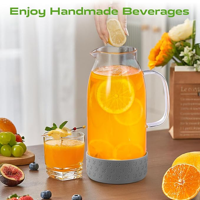 Glass Pitcher with Lid, ZBUFAN 68oz/2 Liter Glass Water Pitcher with Handle and Lid, Anti-Slip Base Juice Jug for Ice Tea, Sun Tea, Sangria, Lemonade Fridge Pitchers for Drinks Gray