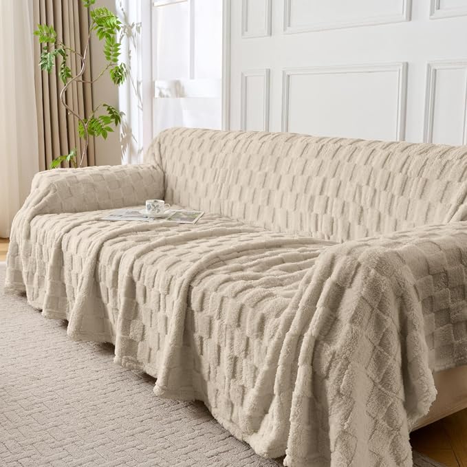 Fuzzy Couch Cover for Sectional Sofa, Non-Slip Caramel Sofa Cover for Dogs by JungleStar