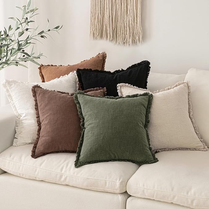 MIULEE Boho Linen Fringe Decorative Throw Pillow Covers Black 18x18 | Set of 2 - Image 6