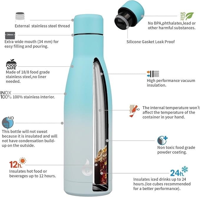 BJPKPK Insulated Water Bottle 17oz Stainless Steel Water Bottles Dishwasher Safe Reusable Metal Thermos Keep Cold and Hot,Sea Salt