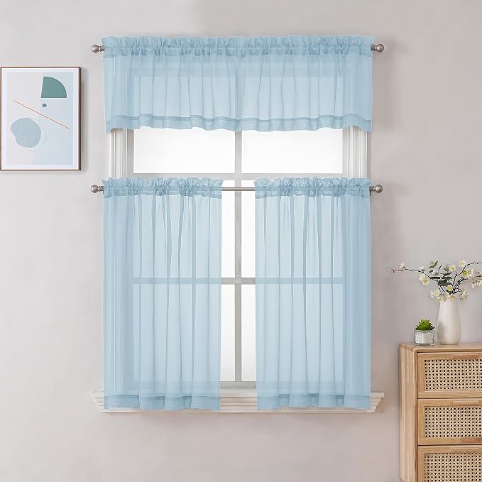 Chyhomenyc Sheer Sky Blue Tier Curtains 24 Inch Length, Small Window Curtains - Image 2