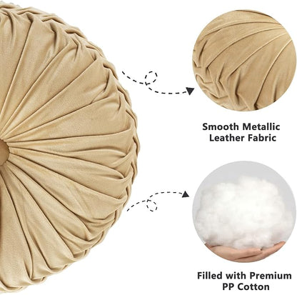 HIG Set of 2 Apricot Velvet Decorative Round Pleated Throw Pillows - Image 4