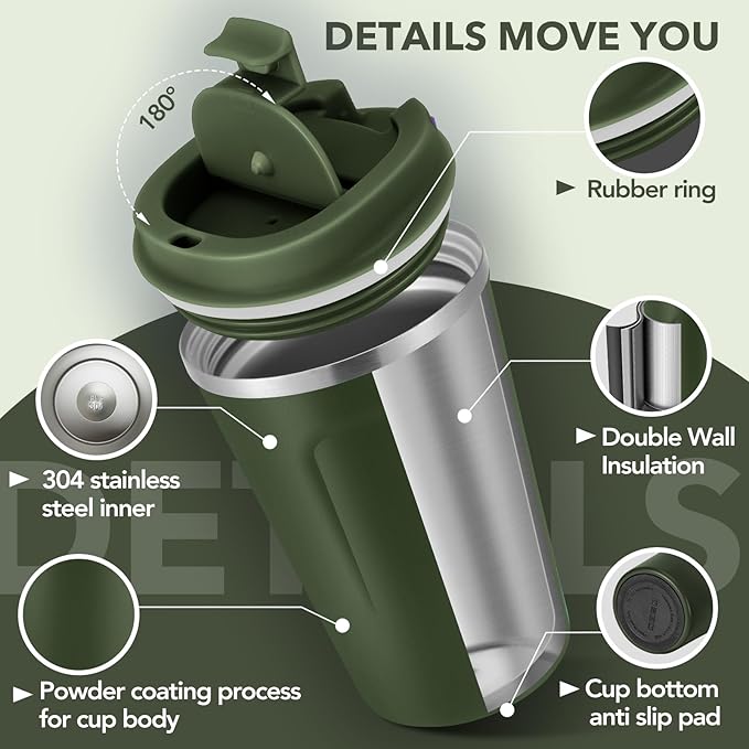Volhoply 12 oz Double Wall Insulated Vacuum Travel Coffee Mug with Flip Lid Bulk 4 Pack,Reusable Stainless Steel Leak Proof Coffee Cup,Portable Thermal Tumbler for Hot & Cold Drinks(Army Green,8 Set)