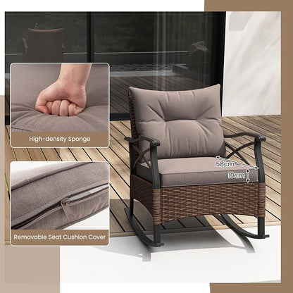 Tangkula 3 Pieces Outdoor Rocking Chairs Set, Rattan Heavy Duty Cushioned - Image 5
