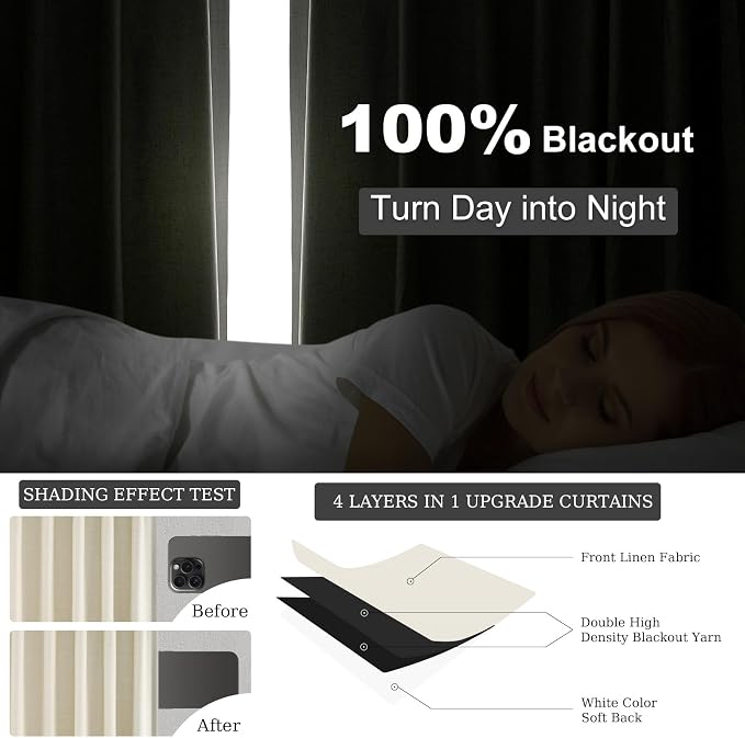 Topfinel 94 Inches Long Cream Colored Custom Blackout Linen Curtains, Ivory - Image 6