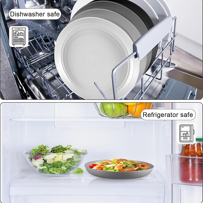 12 Pcs Unbreakable Deep Dinner Plates Set, 10 inch Reusable Plastic Wheat Straw Plates, Microwave and Dishwasher Safe Plate for Kitchen, Lightweight Plate for Dessert, BPA Free, Gray