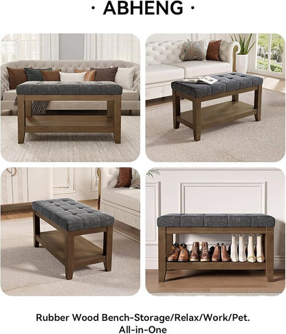 ABHENG Solid Rubber Wood Shoe Bench, Soft Chenille Material Upholstered Seat - Image 7
