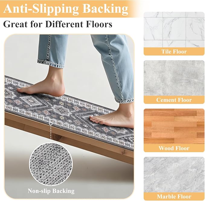 HEBE Boho Kitchen Rugs Set of 3, Non Slip Washable Kitchen Mats - Image 3