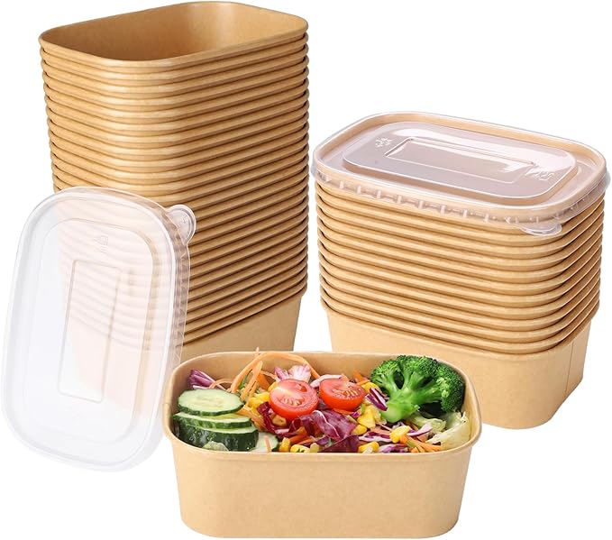 50 Sets 25oz Disposable Kraft Paper Bowls with Lids, Rectangle Paper Food Containers with Lids, Salad Bowls for Hot/Cold Food, Soup, Meal Prep, Ice Cream, Takeout, Party Supplies(750ml)