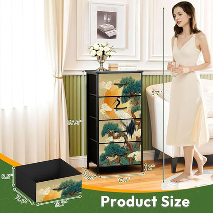 Dresser for Bedroom Japanese Crane Pine Tree Red Sun Clouds Traditional Art - Image 3