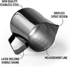 Zulay Milk Frother Cup 350ml/600ml/950ml (12oz/20oz/32oz) - Stainless Steel Frothing Pitcher With Laser-Welded Handle & Precise Measurement Markings - Black - 12oz