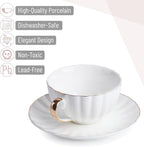 BTaT- White Tea Cups and Saucers Set of 12 (7 oz), Porcelain White Tea Cup Set of 12 with Golden Trim Design, Dishwasher Safe