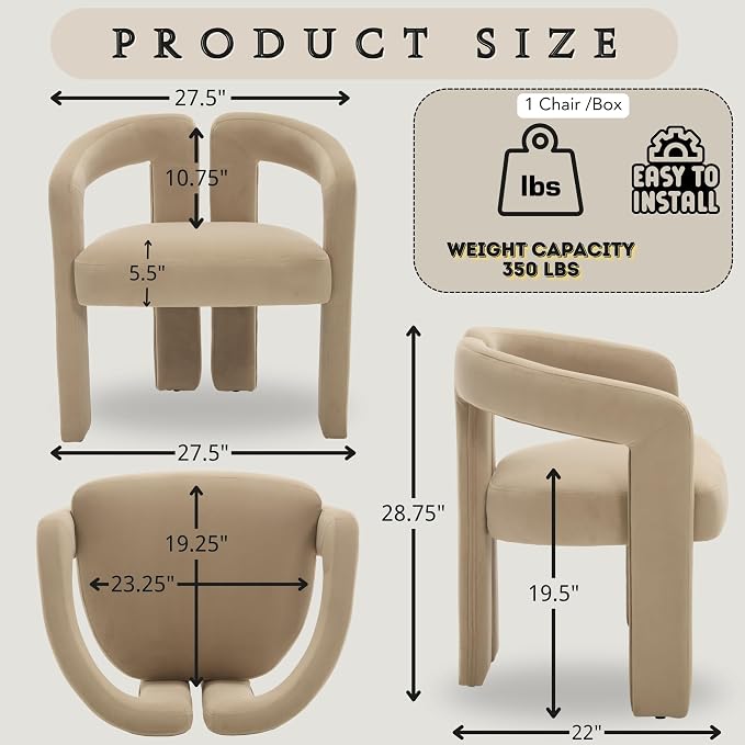 Hyfirm Upholstered Barrel Dining Chair Set of 1, Khaki Velvet Kitchen Accent - Image 2