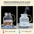 1600ml Glass Water Pitcher with Lid and Spout, Glass Water Jug Carafe for Hot/Cold, Full Glass Teapot, Large Iced Tea Pitcher for Homemade Beverage