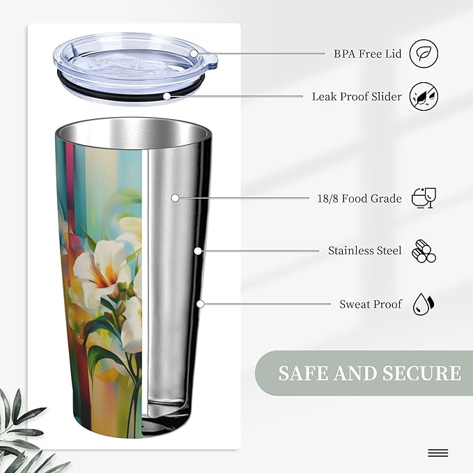 Floral Tumbler with Lid and Straw 20oz Coffee Tumblers Leakproof Stainless Steel Travel Mug Vacuum Insulated Cup for Iced and Hot