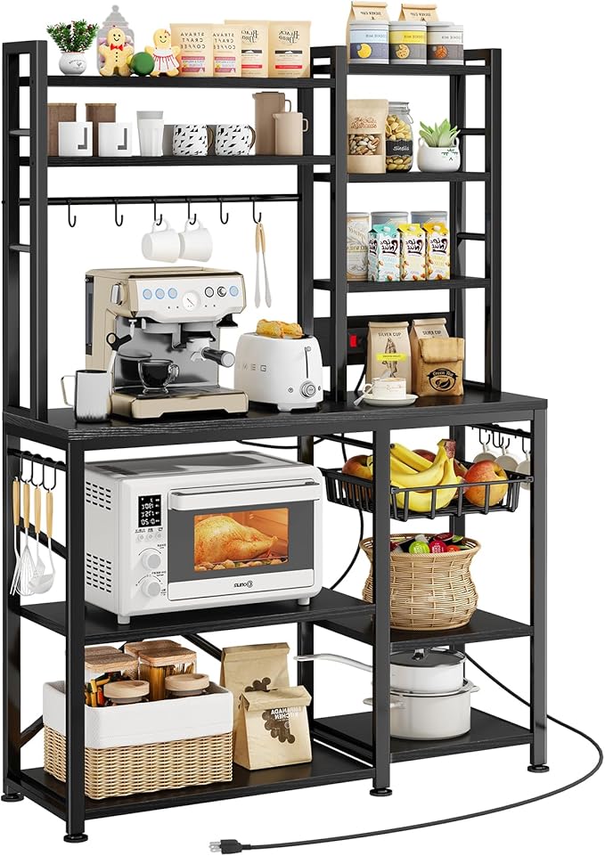 Baker Rack with Power Outlet - Microwave Stand with Storage, Large Coffee Bar Station with 14 Hooks, Metal Kitchen Shelf Rack for Spices, Pots (Rustic Black)