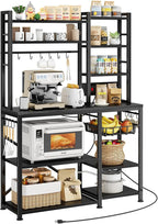 Baker Rack with Power Outlet - Microwave Stand with Storage, Large Coffee Bar Station with 14 Hooks, Metal Kitchen Shelf Rack for Spices, Pots (Rustic Black)