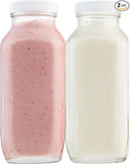 16oz Square Glass Milk Bottles with Plastic Airtight Lids -Vintage Reusable Dairy Drinking Jars Containers for Milk, Yogurt, Smoothies, Juice, Kefir, & Water -2 Pack 16 oz Glass Bottles with Lids
