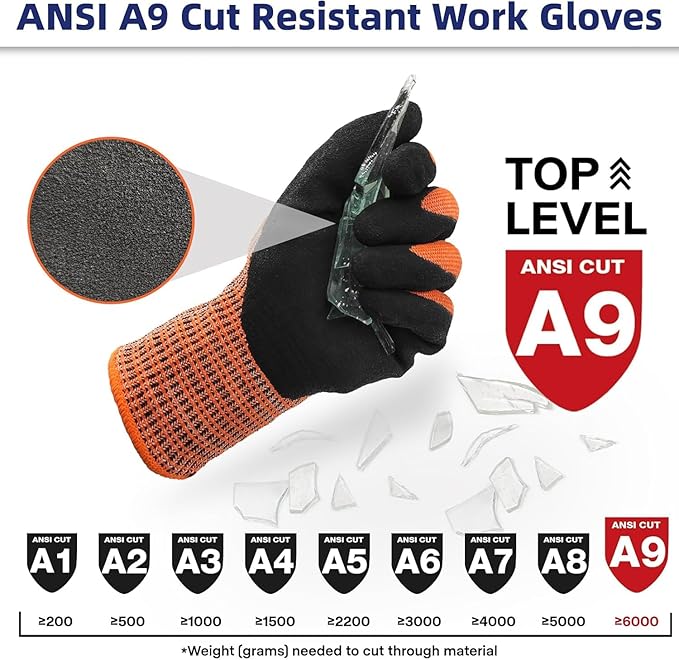 Schwer ProGuard Highest Level Cut Resistant Work Gloves PR3326 for Extreme Protection，ANSI A9 Cut Gloves with Reinforced Thumb, Non Slip, Non PFAS, Durable, Touch-screen, Orange 120 Pairs, L