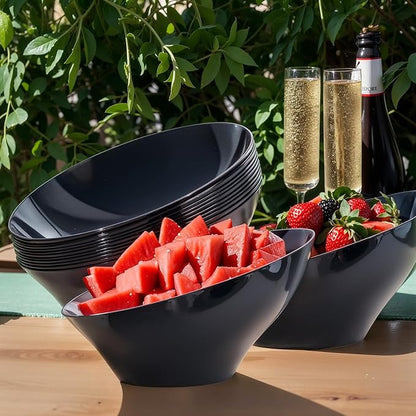 bUCLA 12 Pack Black Plastic Serving Bowls - 54 OZ Angled Bowls Disposable for Chip&Candy - Party Table Salad and Fruit for Party, Wedding & New Year