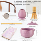 Matcha Whisk Set - Traditional Japanese Handmade Bamboo Matcha Whisk and Holder, Matcha Bowl,Bamboo Scoop, Scoop Rest, Sifter and Tea Towel (Purple)