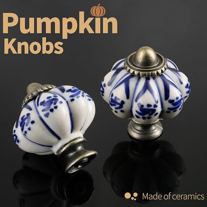 Ivory & Deep Blue Pumpkin Knobs 12 Pack Ceramic Cabinet Knobs Vintage Drawer - Image 5