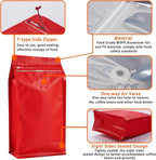 Coffee Bags with Valve (50 PCS,16oz/1lb) Red High Barrier Aluminum Foil Flat Bottom Standing Coffee Beans Storage Packaging Bags, Reusable Heat Seal Side Zipper Pouches for Small Business and Home