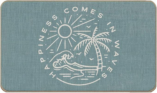 Summer Beach House Happiness Comes in Waves Blue Rustic Door Mat Doormat by Lacosu