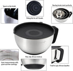Rorence Stainless Steel Non-Slip Mixing Bowls With Pour Spout, Handle and Lid, Set of 3, Black