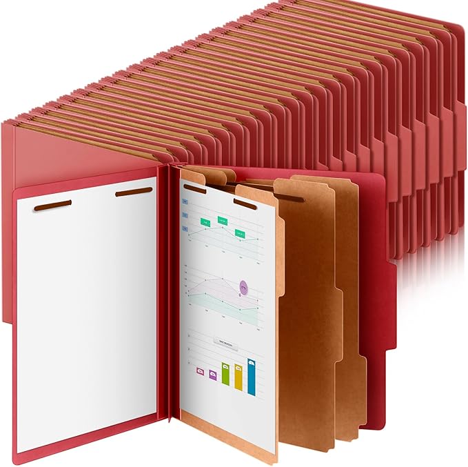 48 Pcs Classification Folders Letter Size, Back to School Supply for Teacher, Student, 3 Dividers Pressboard File Folder Bulk with 2 Fasteners, 3.5 Inch Expanding File Organizer (Red)