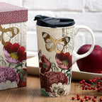 Topadorn 17 OZ Ceramic Coffee Mug Travel Cup with Lid and Gift Box, Red Flower and Butterfly